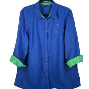 Vintage Y2K Ralph Lauren Linen Shirt button up Crown Crest embroidered 3x 3xl